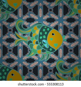 Turquoise blue seamless background with fishes. Green. Petal. Flower. vector illustration texture. Radial gradient shape.