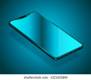 Turquoise and blue smartphone. Vector 3d realistic template of imaginary phone. Empty screen with a glossy gradient. Floating mock up with a blank display for business presentations. Perspective view.