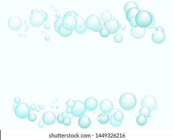 Turquoise blue soap foam bubbles vector concept, shampoo soapy effect background. Water and detergent foam bubbles illustration. Circle blue elements background for hygiene cosmetics soap shampoo