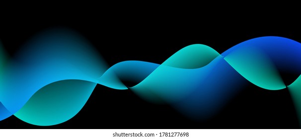 Turquoise blue sound wave neon vector illustration.  Abstract shiny color blue wave design element on dark background. Science or technology design. Black background with cyan blue sea green curves