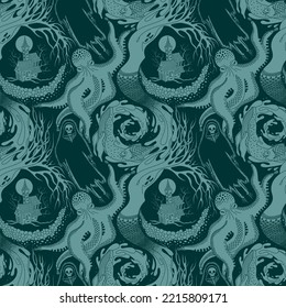 TURQUOISE AND BLUE VECTOR SEAMLESS PATTERN OF DIFFERENT PHANTASMAGORIC SCARY CREATURES OF THE ANIMAL AND AQUATIC WORLD