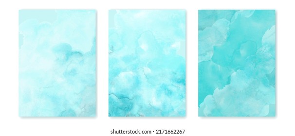 Turquoise, blue watercolor wash textures set. Invitation, card template. Abstract pattern design.