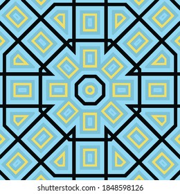 Turquoise Blue Yellow and Black Geometric Symmetrical Mosaic Background. Abstract Wallpaper. Vector Tile For A Seamless Pattern. Textile Swatch. 