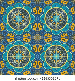 Turquoise blue yellow Mosaic pattern ornament, Moroccan vintage ornament as backgrounds, for fabric, wallpaper, textile, websites, home decor (pillows, towels, napkins), tableware