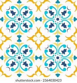 Turquoise blue yellow Mosaic pattern ornament, Moroccan vintage ornament as backgrounds, for fabric, wallpaper, textile, websites, home decor (pillows, towels, napkins), tableware