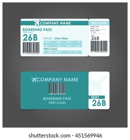 turquoise boarding pass.  Airline boarding pass ticket for traveling by plane. concept of travel, journey or business with bar code. Vector illustration.