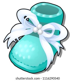 Turquoise bootie with white bow isolated on white background. Vector cartoon close-up illustration.