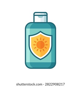 A turquoise bottle of sunscreen featuring a shield with a sun symbol indicating sun protection.