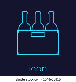 Turquoise Bottles of wine in a wooden box line icon isolated on blue background. Wine bottles in a wooden crate icon. Vector Illustration
