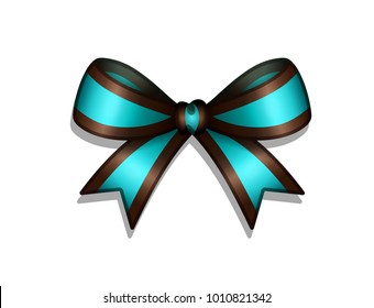 Turquoise bow with brown horizontal stripes on a white background. Vector illustration.