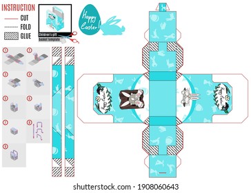 turquoise box with lid template for Easter holiday. rabbit climbing a tree
