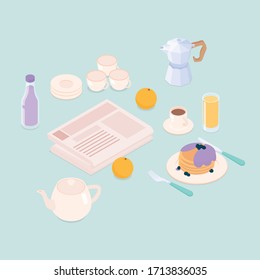 Desayuno turquesa con crepes. Isométrica ilustración vectorial en diseño plano.