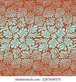 Turquoise brown abstract background with tropical palm leaves in Matisse style. Vector seamless pattern with Scandinavian cut out elements.