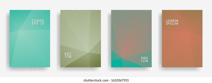 Turquoise brown annual report design vector collection. Halftone grid texture cover page layout templates set. Report covers geometric design, business booklet pages corporate backgrounds.