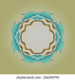 Turquoise and brown circular pattern on yellow-green background.