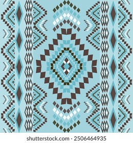 Turquoise and Brown Geometric Tribal Pattern with Diamond Shapes and Symmetry