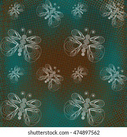 Turquoise and brown  retro butterfly pattern with grunge halftones