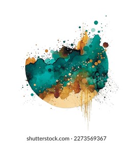 Turquoise brown yellow watercolor splash blot splatter stain with gold glitters. Watercolor brush strokes. Beautiful modern hand drawn vector illustration. Isolated colorful design on white background