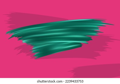 Turquoise brush stroke 3d. Liquid wavy splash, emerald line drawn, wave pattern. Green stroke of acrylic, ink or paint, fat trace, shadow, art design element, on a red background, magenta. Vector.