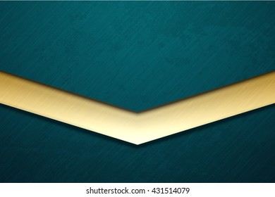 Turquoise brushed metal abstract background with grunge texture. Vector scratched surface and golden line element. Modern industrial design