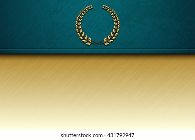 Turquoise brushed metal abstract background with grunge texture and golden laurel wreath sign. Vector scratched surface and decorative element. Modern vip design. Logo concept