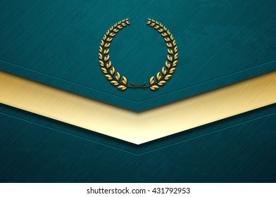 Turquoise brushed metal abstract background with grunge texture and golden laurel wreath sign. Vector scratched surface and decorative element. Modern vip design. Logo concept