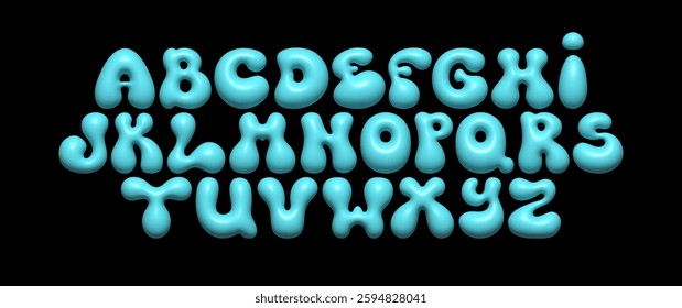 Turquoise bubble font. Glossy liquid 3D alphabet with shiny effect, for kids' designs, party invitations, and creative typography. Vector set