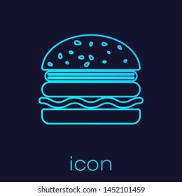 Turquoise Burger line icon isolated on blue background. Hamburger icon. Cheeseburger sandwich sign. Vector Illustration