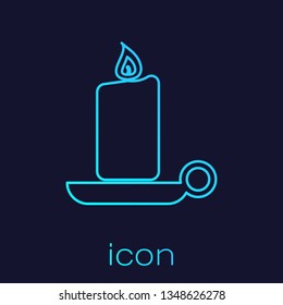 Turquoise Burning candle in candlestick line icon isolated on blue background. Old fashioned lit candle. Cylindrical aromatic candle stick with burning flame. Vector Illustration