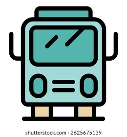 Turquoise bus waiting for passengers at the bus stop, urban transportation concept