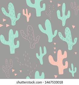 turquoise cacti and coral pink triangles on dark grey background hand drawn seamless pattern for boy or girl nursery