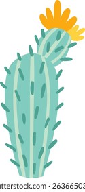 Turquoise cactus featuring vertical stripes and sharp thorns, blooming vibrantly with a large yellow flower atop, set against a clean white background