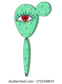 Türkisfarbener Kaktus mit Nadeln und großem psychedelischem Auge. Kann für Plakate und Plakate verwendet werden. Vector Stock Illustration im Cartoon-Stil.