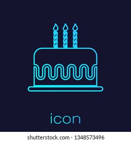 Turquoise Cake with burning candles line icon isolated on blue background. Happy Birthday. Vector Illustration