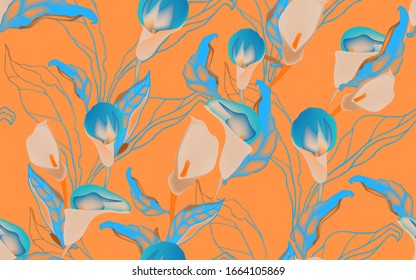 Turquoise callas flowers with leaves on a orange tangerine background seamless patern. Vector illustration with large inflorescences of plants.