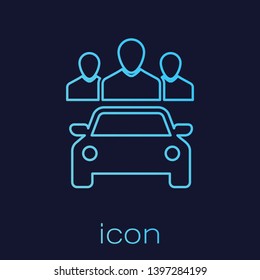 Turquoise Car sharing with group of people line icon isolated on blue background. Carsharing sign. Transport renting service concept. Vector Illustration