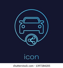 Turquoise Car sharing line icon isolated on blue background. Carsharing sign. Transport renting service concept. Vector Illustration