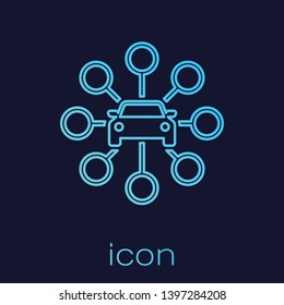 Turquoise Car sharing line icon isolated on blue background. Carsharing sign. Transport renting service concept. Vector Illustration