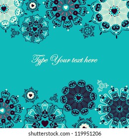Turquoise card with stylized heart flakes