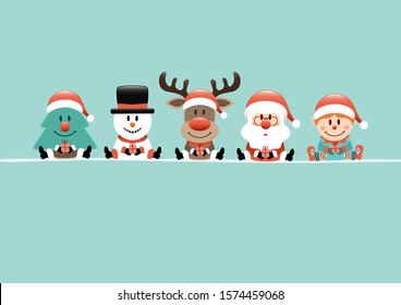 Turquoise Card Tree Snowman Reindeer Santa Claus And Elf