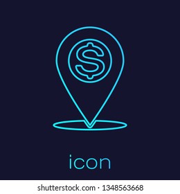 Turquoise Cash location pin line icon isolated on blue background. Pointer and dollar symbol. Money location icon. Business and investment concept. Vector Illustration Turquoise Cash location pin line icon isolated on blue background. Pointer and dollar symbol. Money location icon. Business and investment concept. Vector Illustration