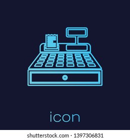 Turquoise Cash register machine with a check line icon isolated on blue background. Cashier sign. Cashbox symbol. Vector Illustration