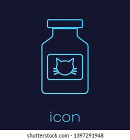 Turquoise Cat medicine bottle line icon isolated on blue background. Container with pills. Prescription medicine for animal. Vector Illustration