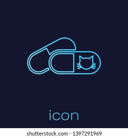 Turquoise Cat and pills line icon isolated on blue background. Prescription medicine for animal. Vector Illustration