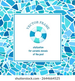 Turquoise ceramic mosaic in the form of a frame. A square frame made of stylized ceramic broken tiles for a swimming pool or bathroom.  Blue mosaic photo frame. Illustrated  clipart. Hand draw no ai. 