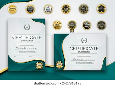 Turquoise certificate diploma award template with golden seals, embodying prestige and achievement, symbol of recognition, appreciation and excellence. Realistic 3d vector vertical, horizontal mockups