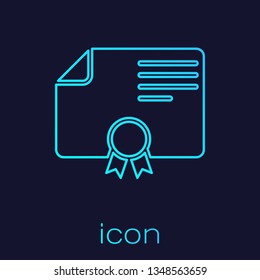 Turquoise Certificate template line icon isolated on blue background. Achievement, award, degree, grant, diploma concepts. Business success certificate. Vector Illustration