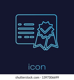 Turquoise Certificate template line icon isolated on blue background. Achievement, award, degree, grant, diploma concepts. Business success certificate. Vector Illustration