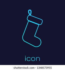Turquoise Christmas sock line icon isolated on blue background. Vector Illustration