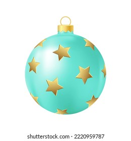 Turquoise Christmas tree toy with golden stars Realistic color illustration
